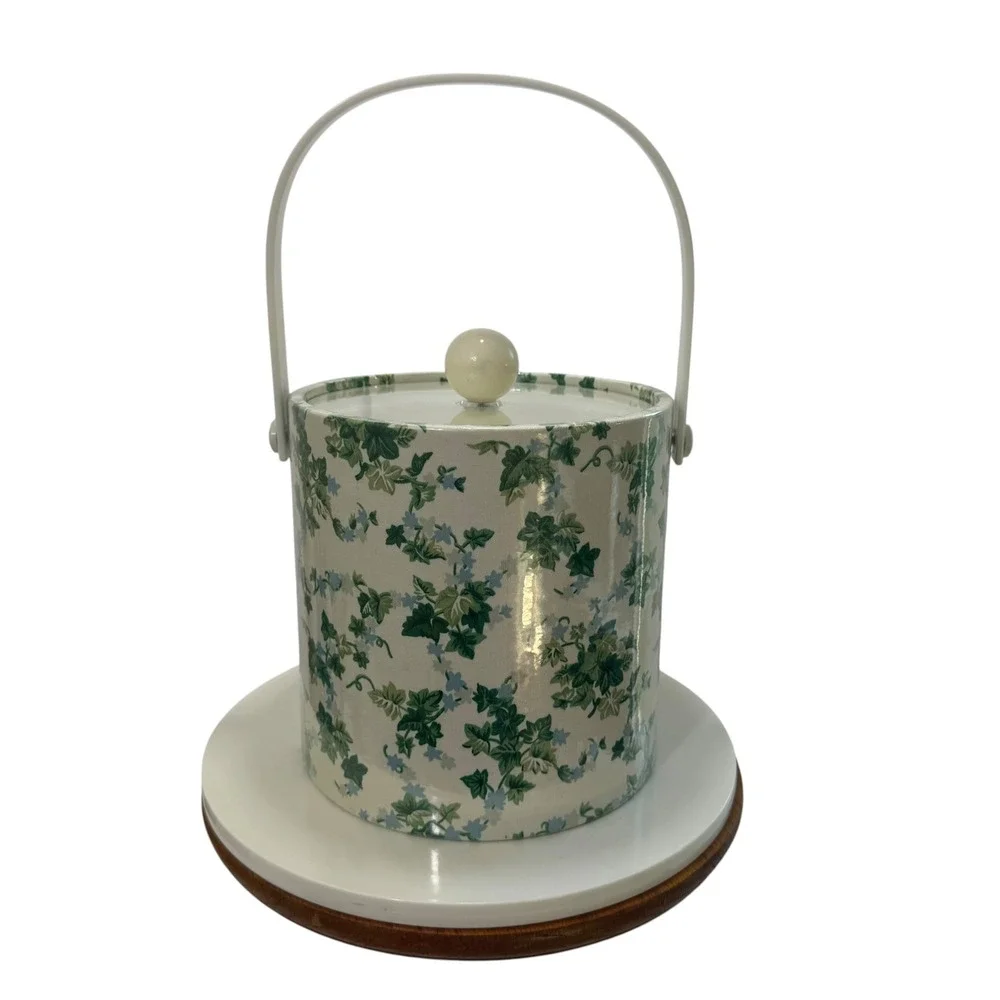 Vintage Kraftware Ice Bucket Green Ivy Blue Floral Insulated Barware with Lid